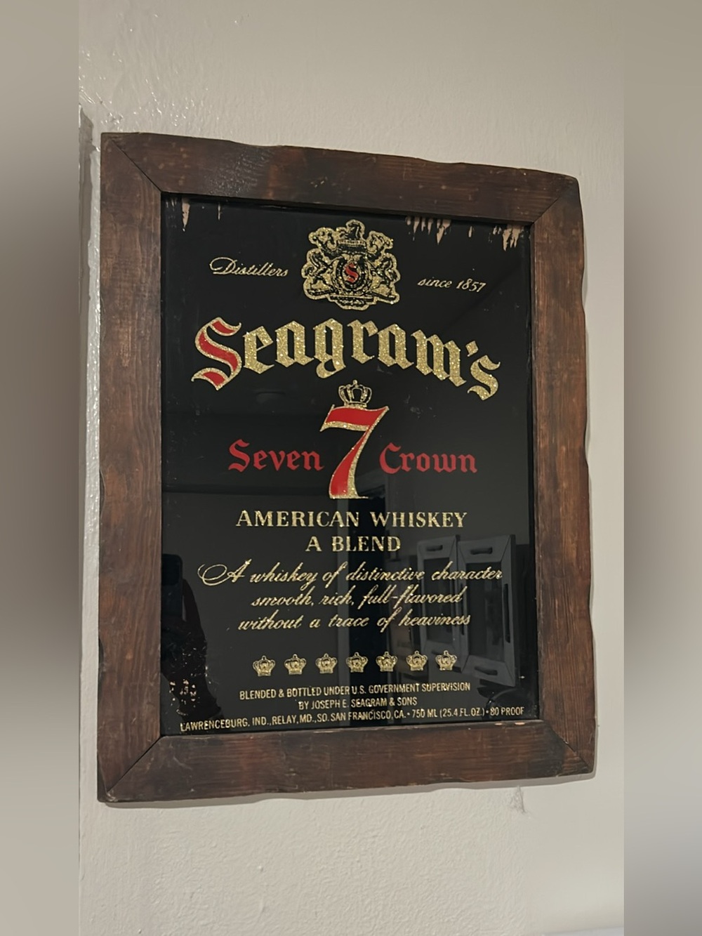 Vintage Seagram's Seven Crown Black and Red Framed Glass Mirror Advertisement